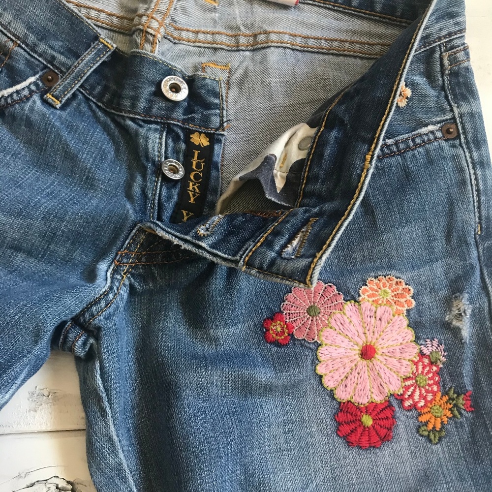 LUCKY Hippie Flower Embroidered Boot Cut Jeans